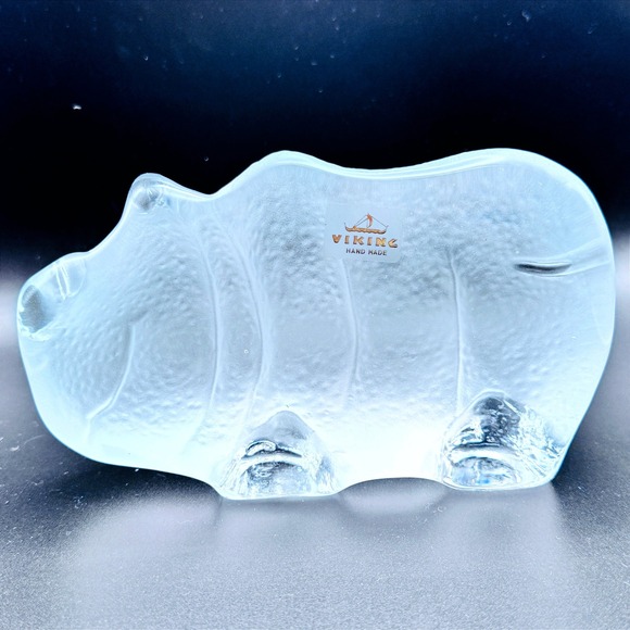 Viking Glass Frosted Textured Hippo Figurine Handmade Art Glass Paperweight - Picture 4 of 7
